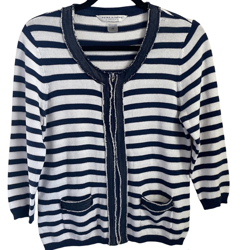 Peter Nygard Women’s Navy & White Striped Sweater Cardigan …